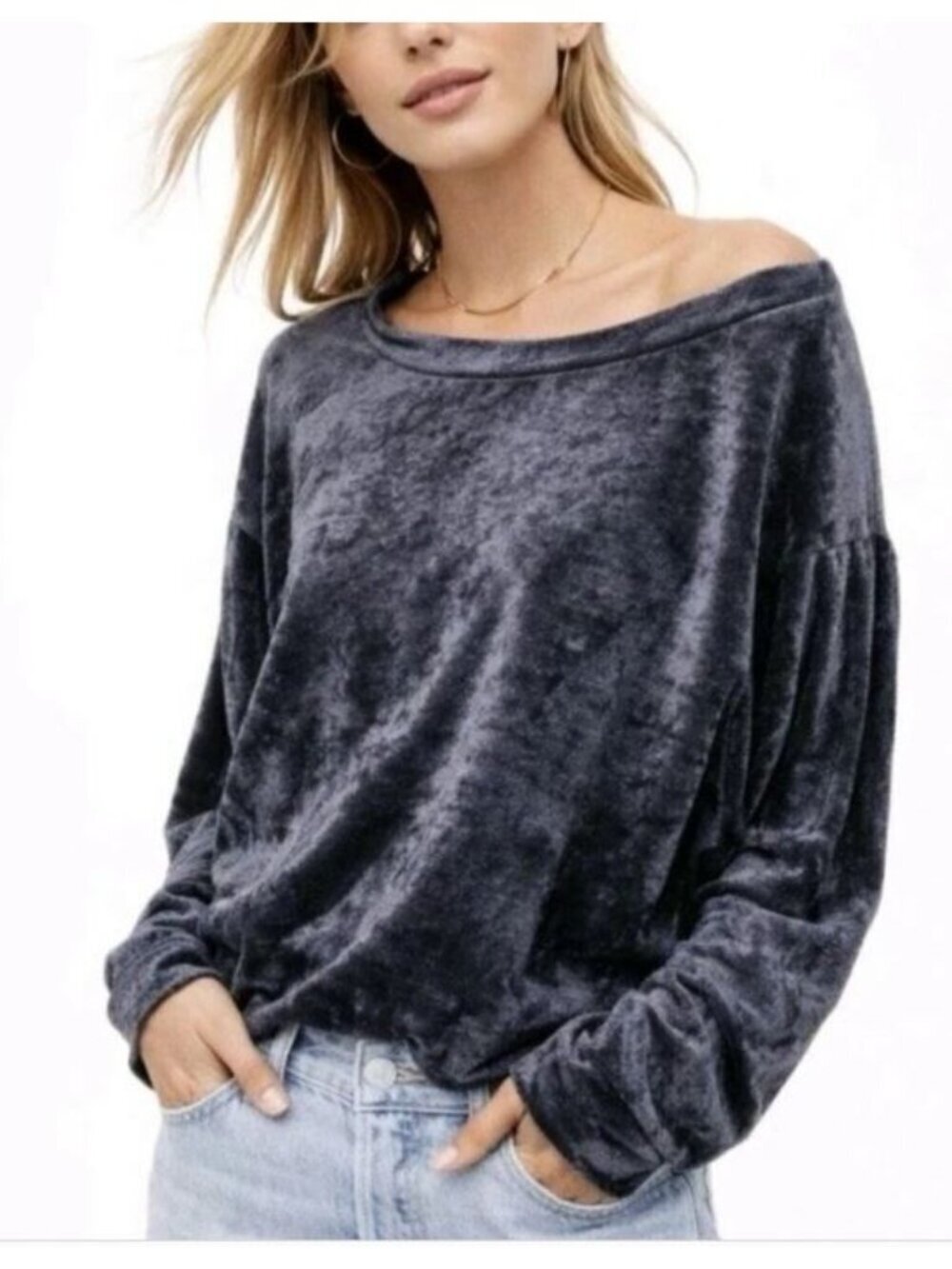 Free People Top Womens XS Gray Crushed Velvet Milan Slouchy Grunge Whimsigoth